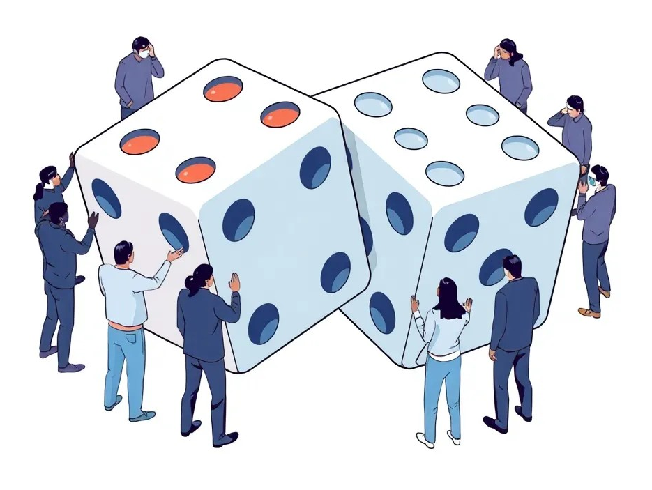 Illustration of people around two large dice